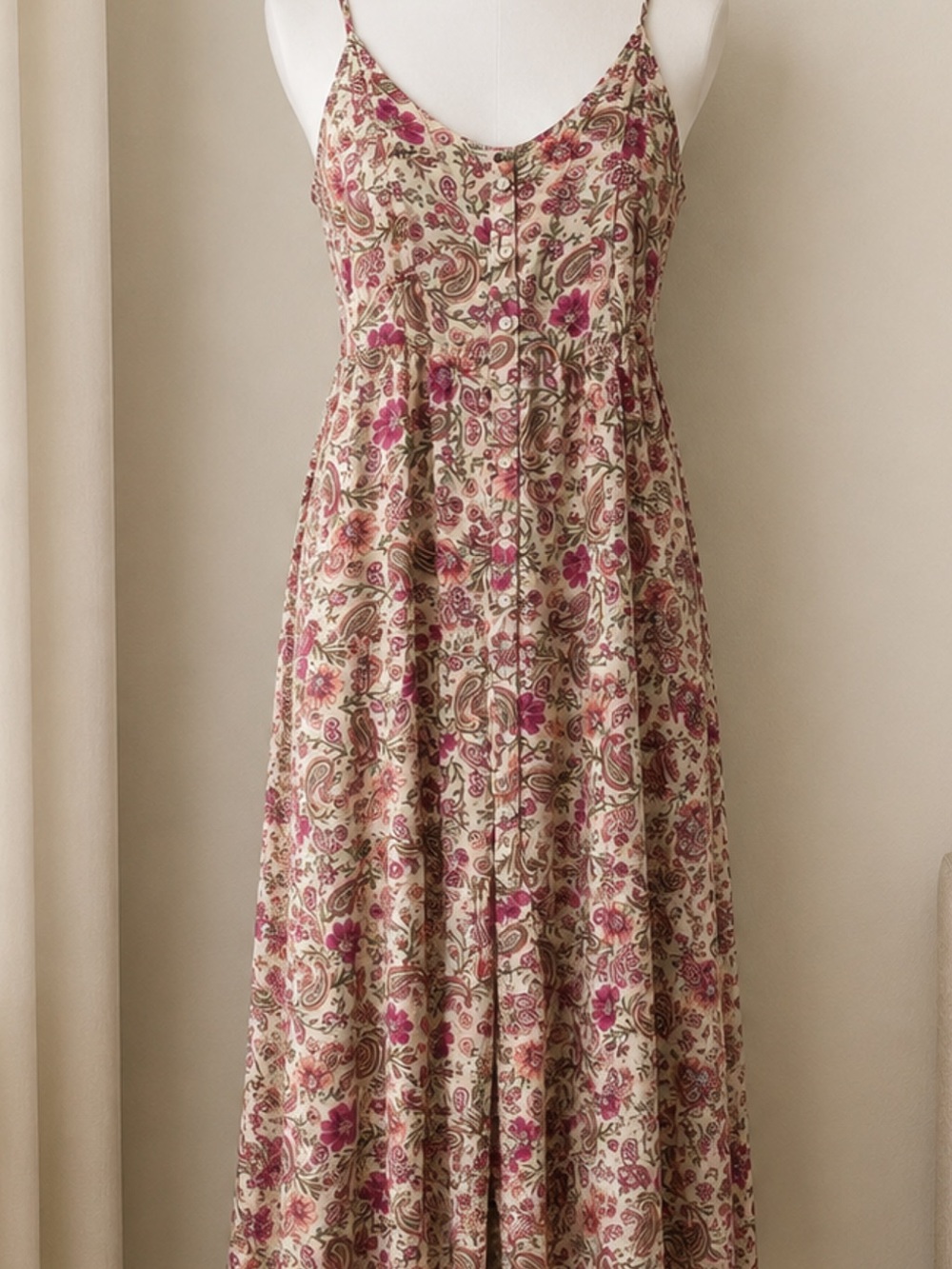 Patrons of Peace Cream Maxi Dress with Pink Floral & Tan Paisley